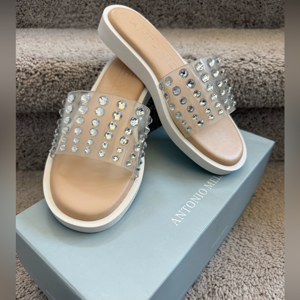 Antonio Melani Tan Slide Sandals with Crystal Embellishments